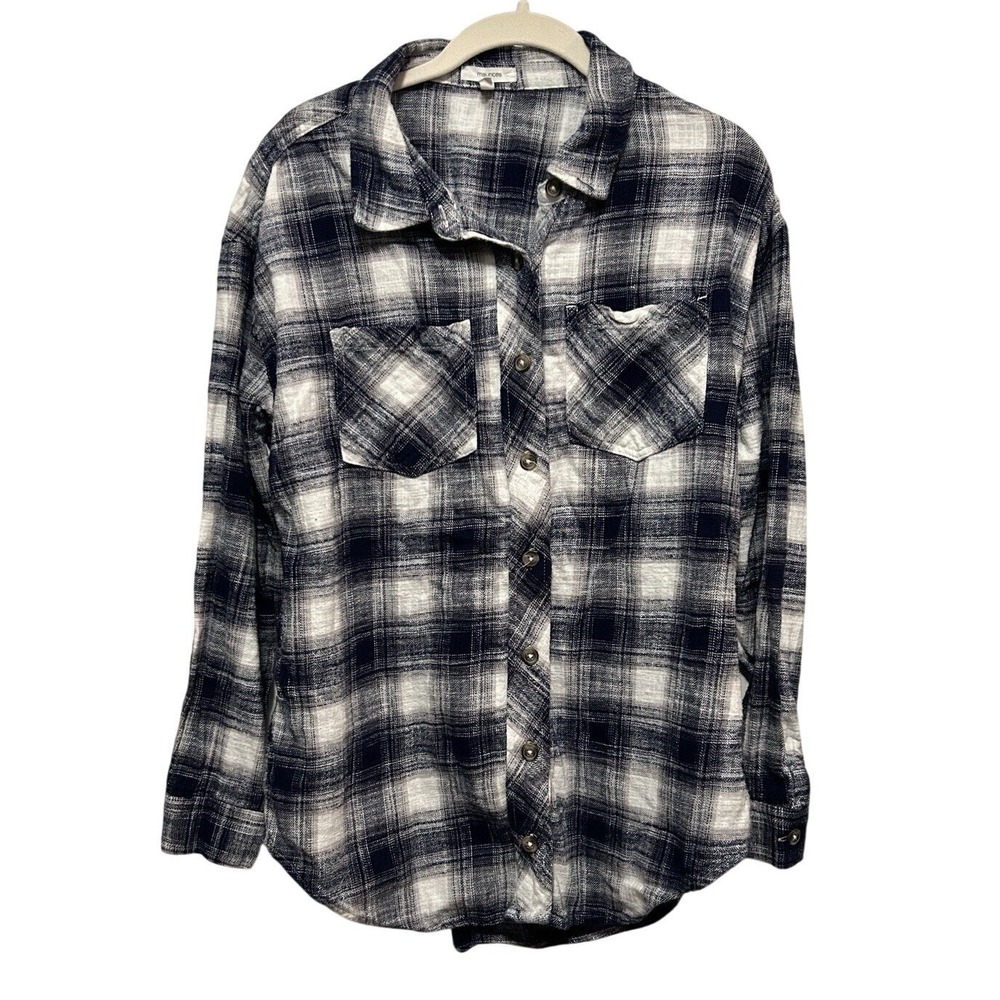 Maurices Navy White Plaid Flannel Shirt S‎ Cotton Button Front Cabin Pocket Top